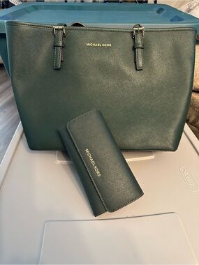 MICHAEL KORS Dark Green Saffiano Tote with Matching Wallet